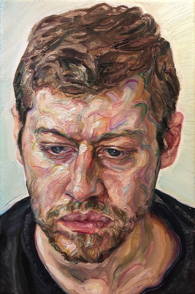'Lockdown Man', 2020. Oil-on-Canvas, 20x30cm.