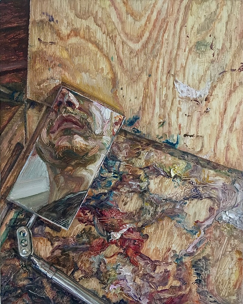 'The Painter at Work (Self-Portrait Fragment)', 2021. Oil-on-Canvas, 20x25cm. Private Collection.