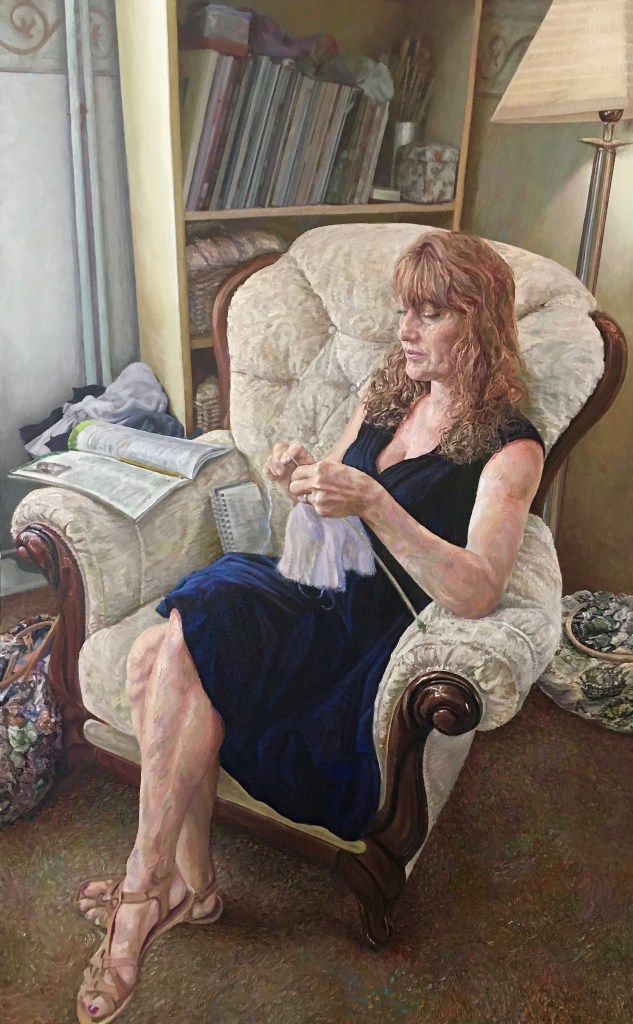 "The Knitting Lady", 2021. Oil-on-Canvas, 120x75cm.