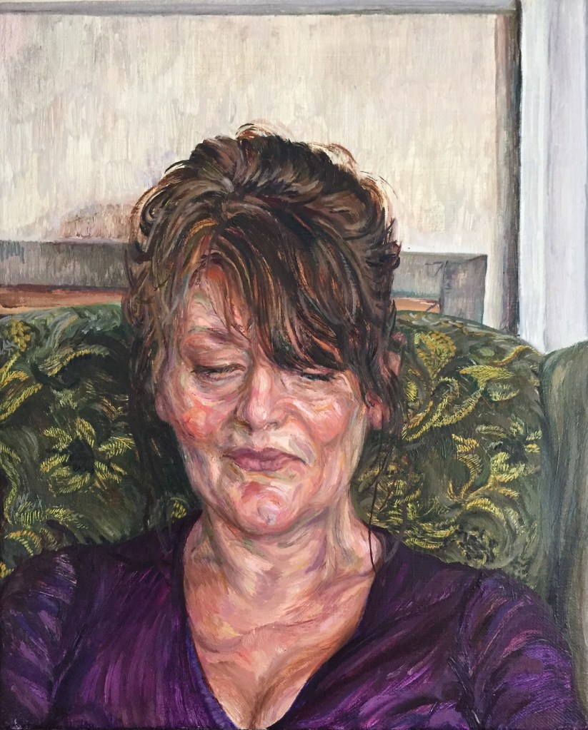 'The Knitting Lady II', 2022. 25x35cm, Oil-on-Linen.